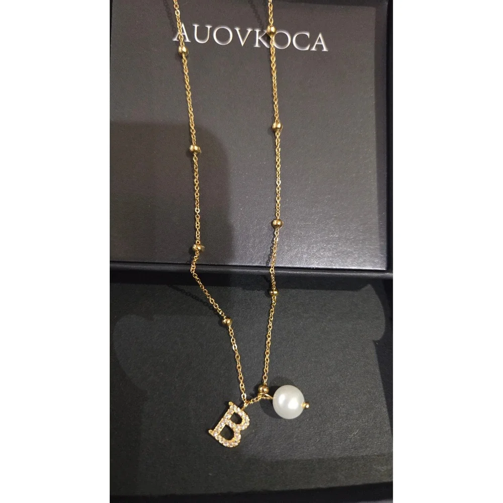 AUOVKOCA Gold Initial B Necklace Pearl Pendant Stainless Steel Satellite Chain